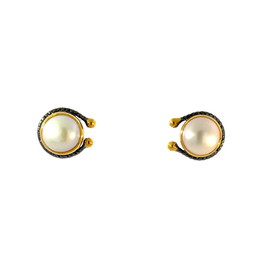 Crescent Pearl Studs — Oxidized Silver & Gold Detail – Baba
